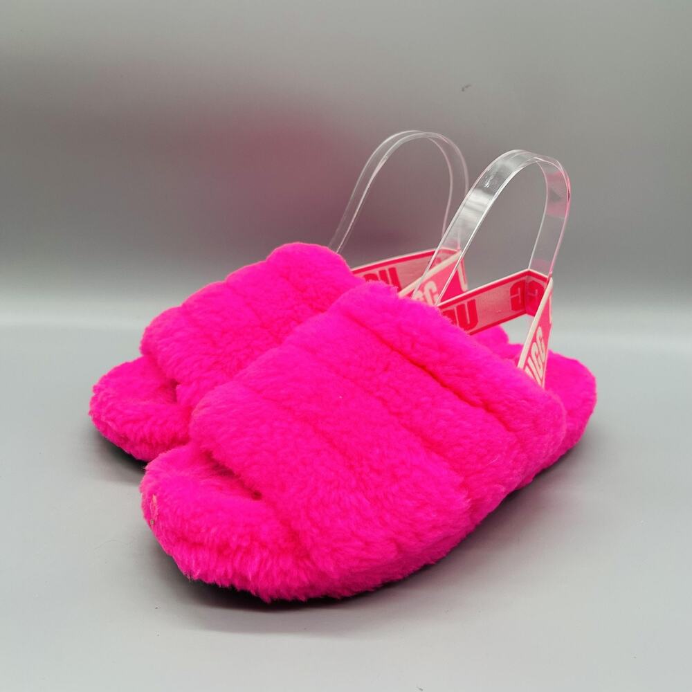 UGG Shoes Womens 7 Pink Shearling Fluff Yeah Slide Slingback Logo Strap Slippers - Picture 3 of 11